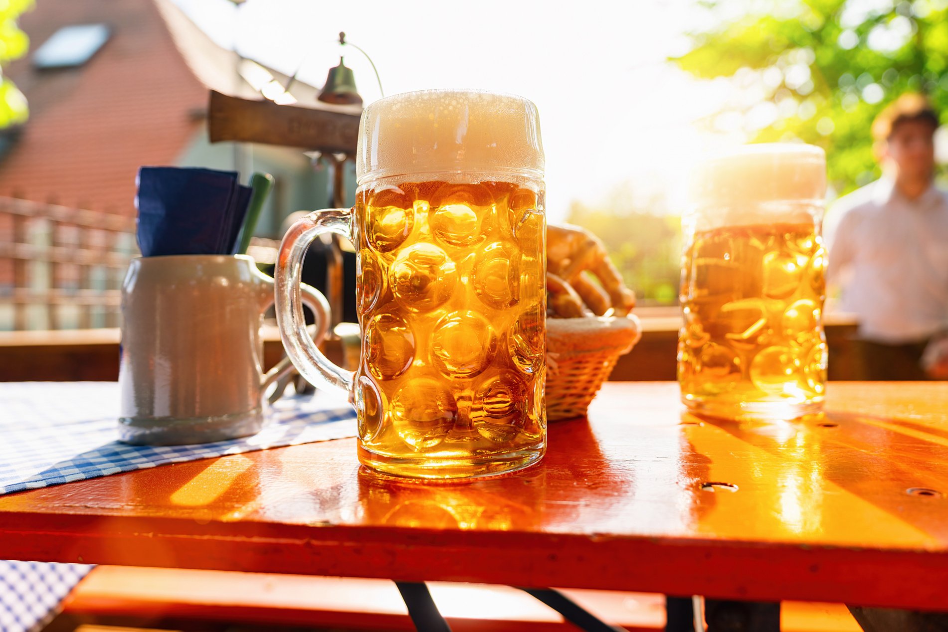 Fresh golden Beer in Bavarian beer garden on a sunny day